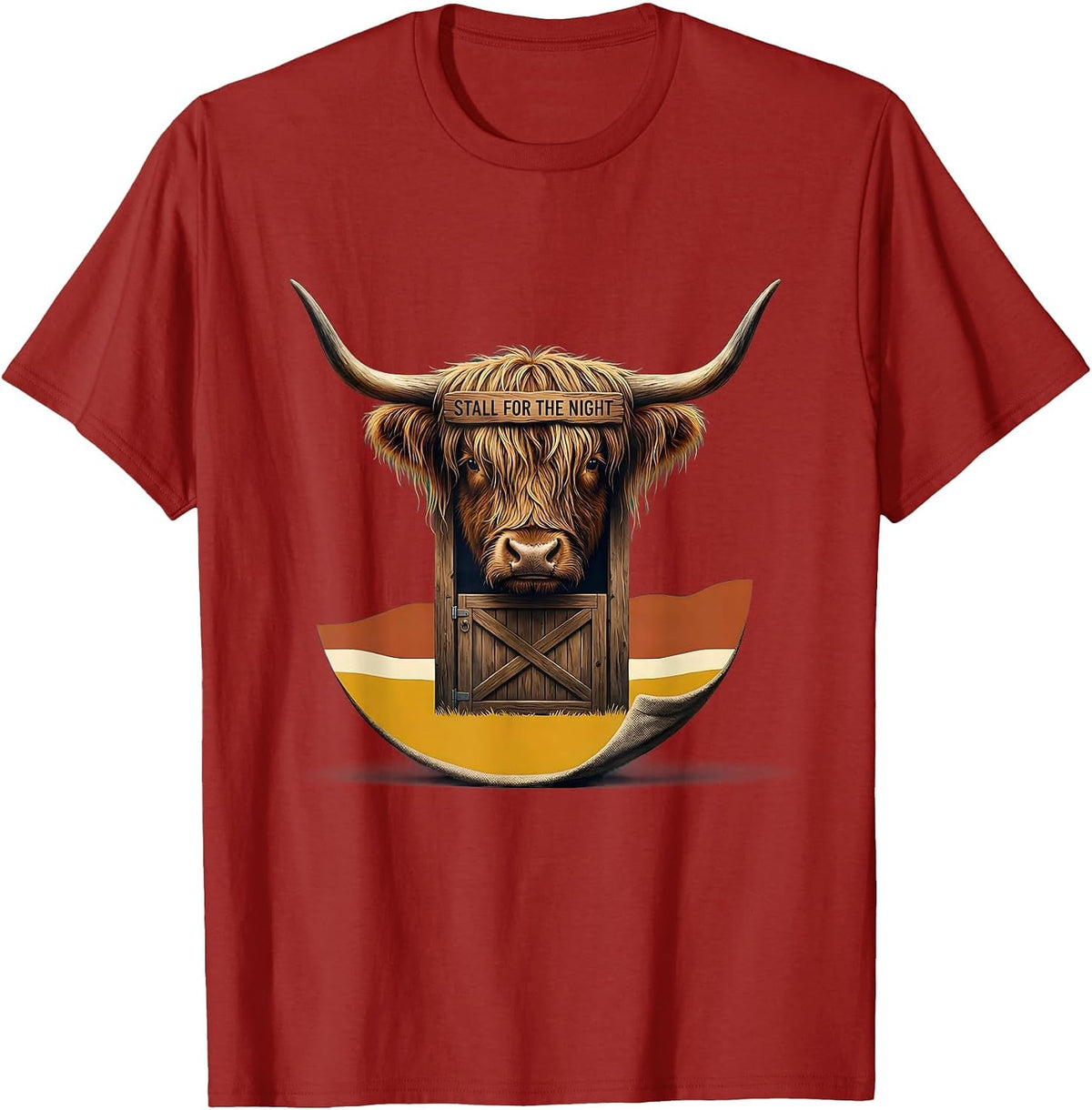 Stall For The Night Midcentury Modern Highland Cow Cozy T-Shirt - Cranberry Red
