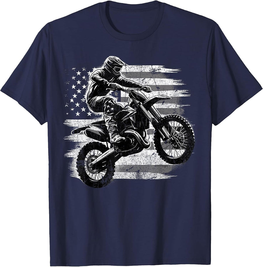 American Flag Motocross Rider Dirt Bike T-Shirt - Navy Blue