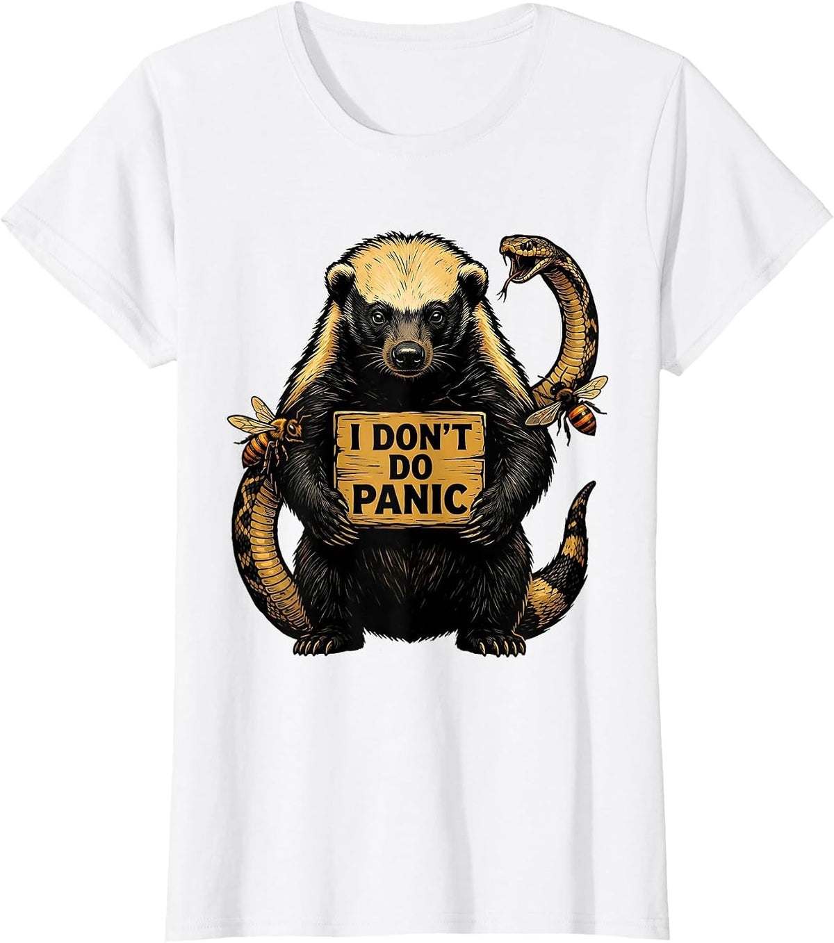I Don't Do Panic Linocut Honey Badger Fearless Attitude T-Shirt - White