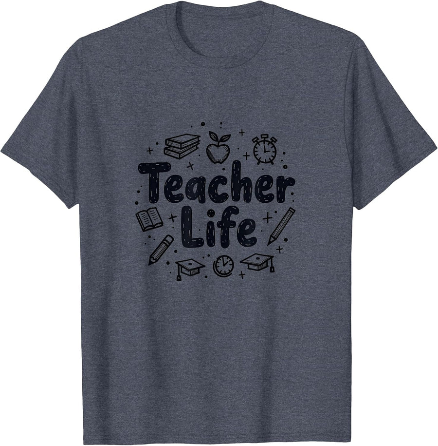 Teacher Life: Mens Educators Gift Classroom Essentials T-Shirt, Men, Heather Blue, X-Large - As Pictured