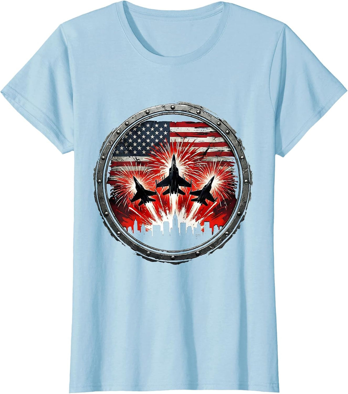 Red White and Blue Fireworks City Skyline T-Shirt - Baby Blue