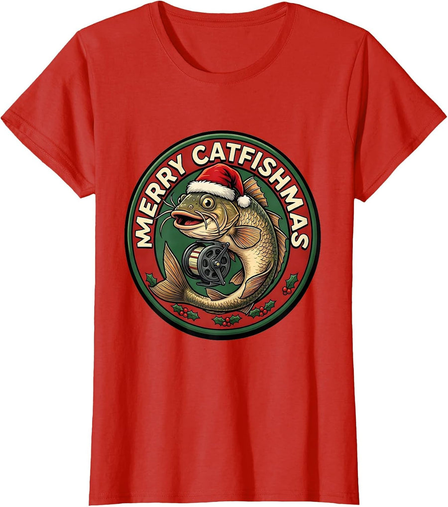 Women's Merry Catfishmas Funny Fishing Christmas Ugly Sweater Dad T-Shirt - Red