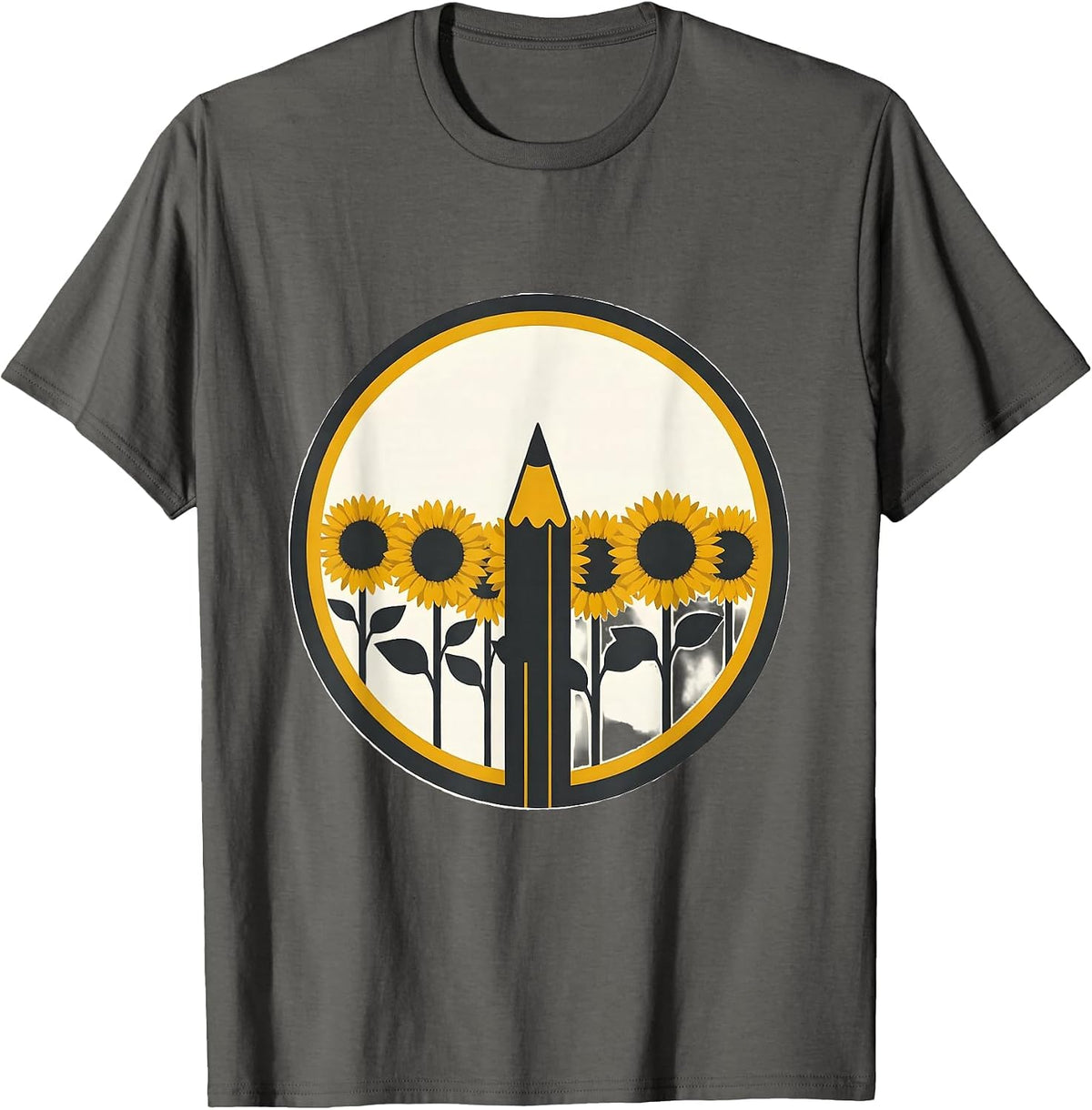 Spanish Teacher Sunflower Field Pencil Illustration T-Shirt - Asphalt Grey