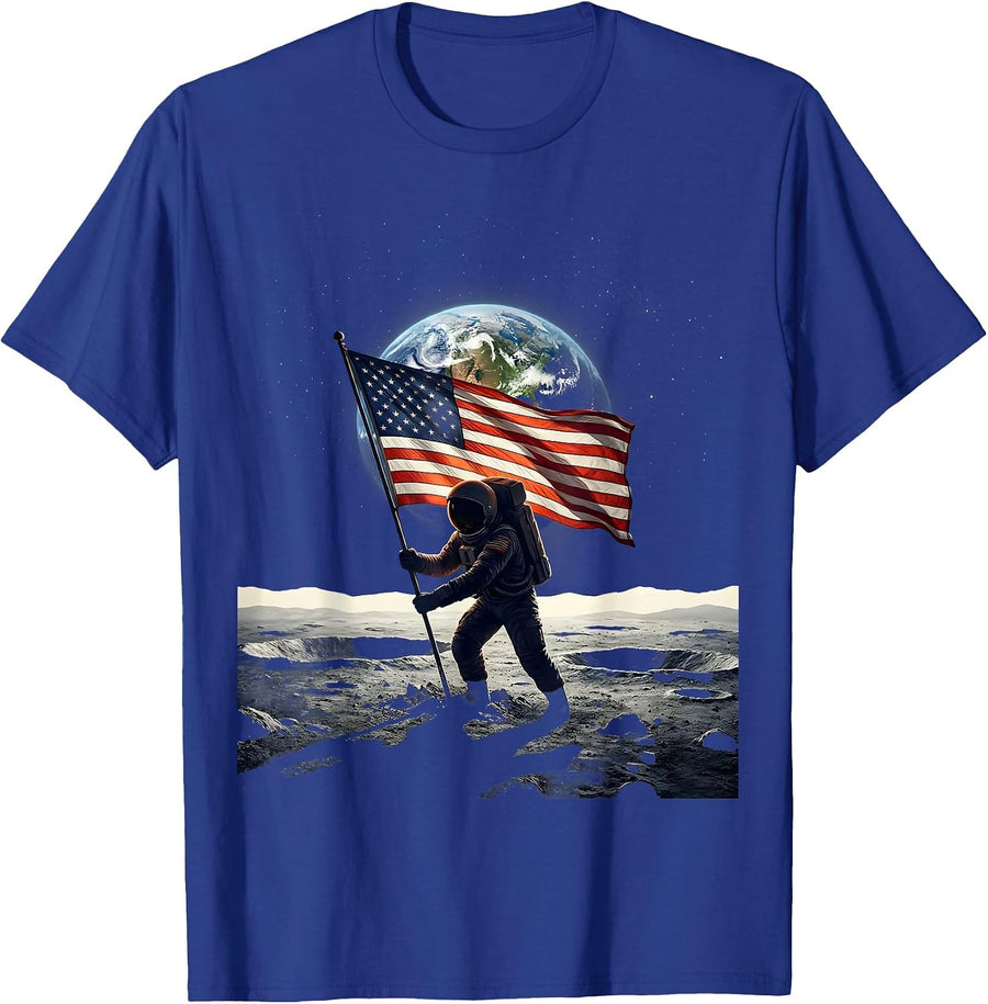 Astronaut Planting American Flag on the Moon T-Shirt - Royal Blue