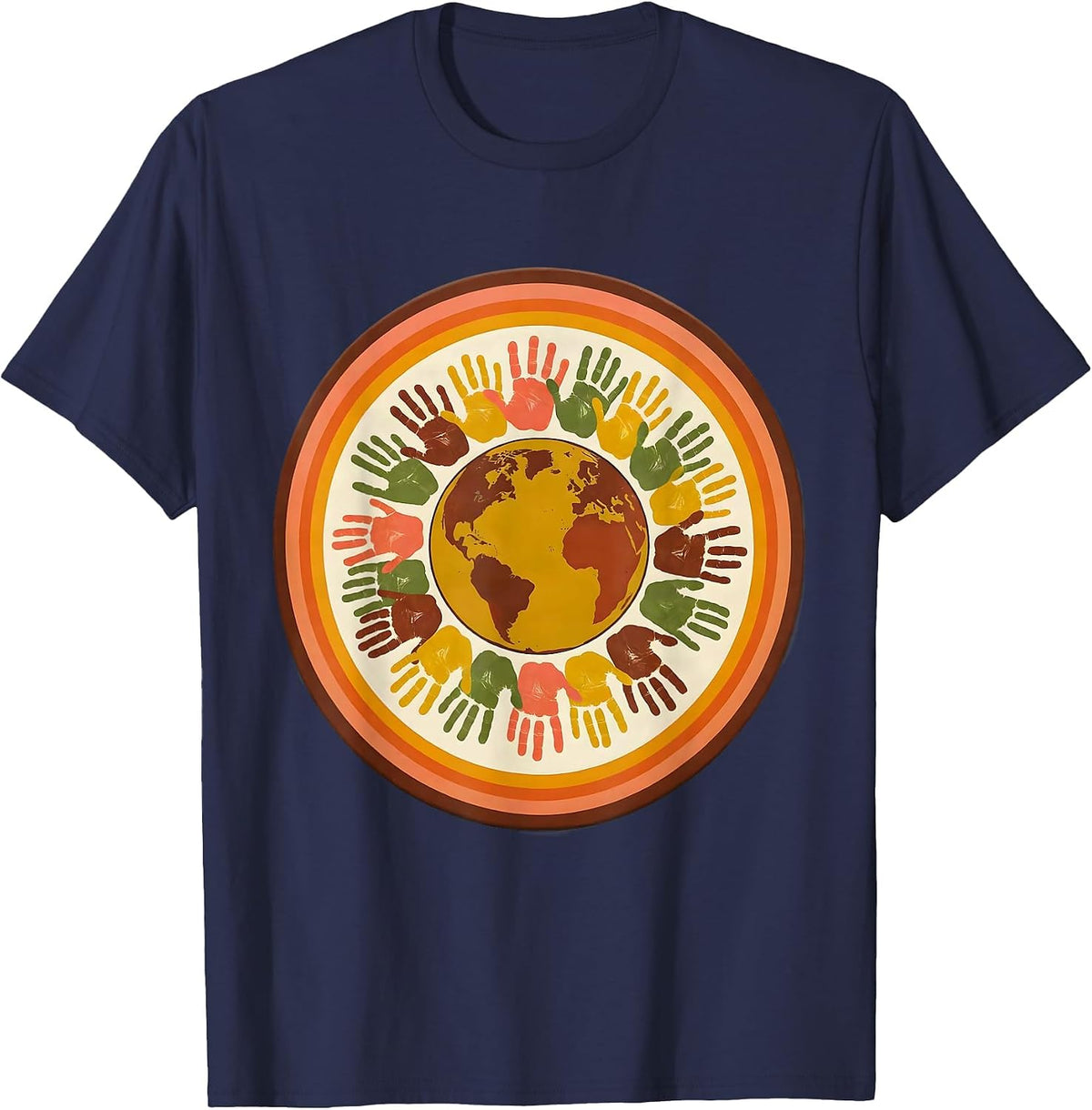 Elementary Teacher Globe Colorful Handprints Design T-Shirt - Navy Blue