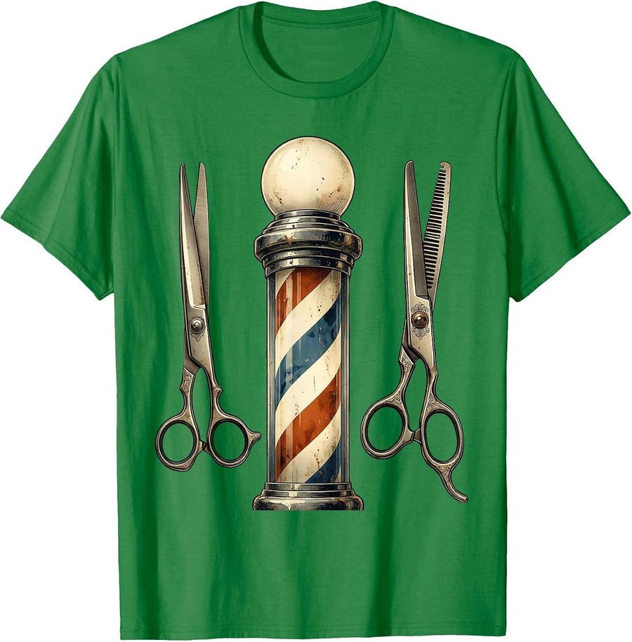 Men's Vintage Barber Pole and Scissors Illustration T-Shirt - Kelly Green