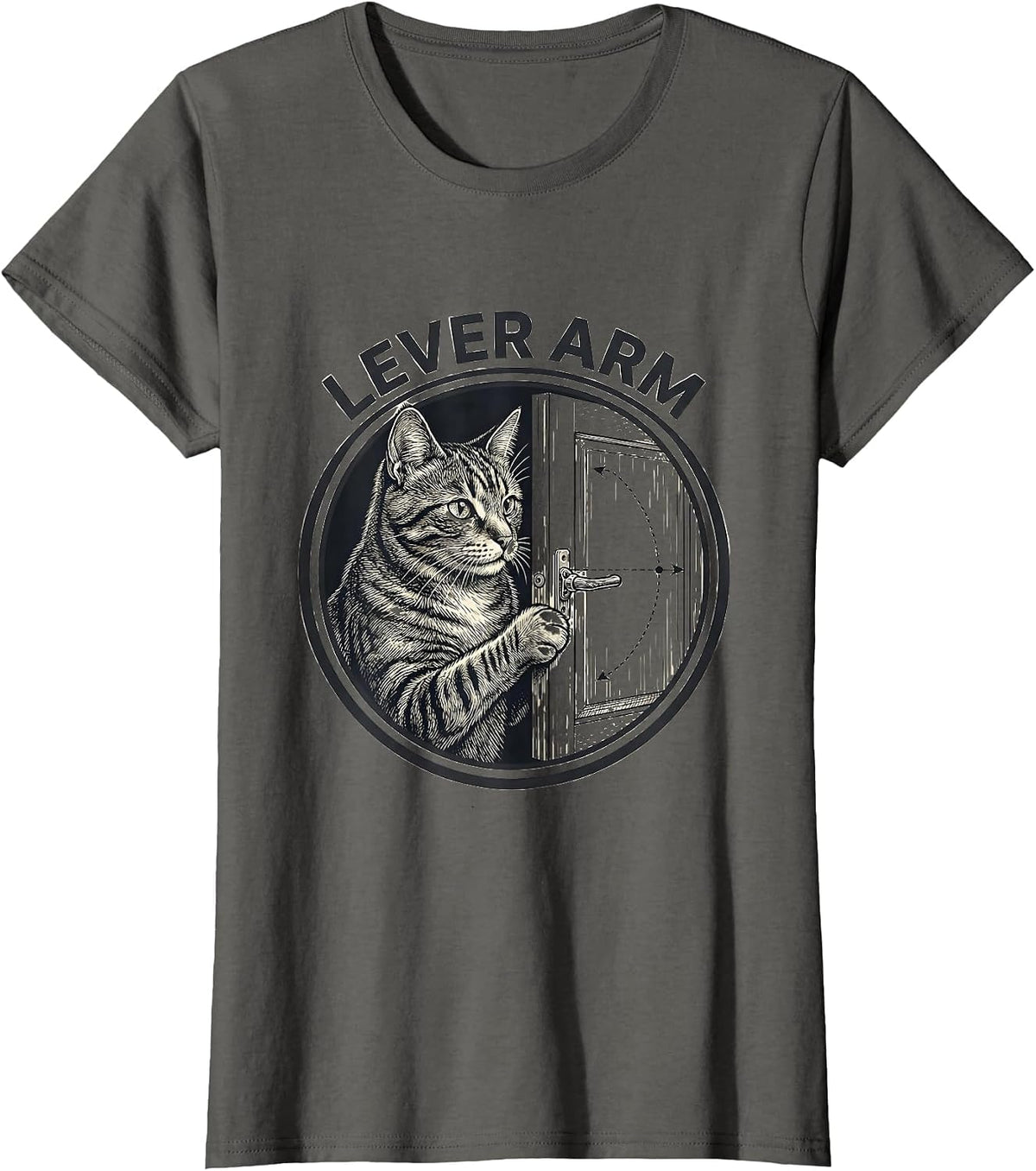 Women's Lever Arm Funny Cat Physics Humor Science Teacher Gift T-Shirt - Asphalt Grey