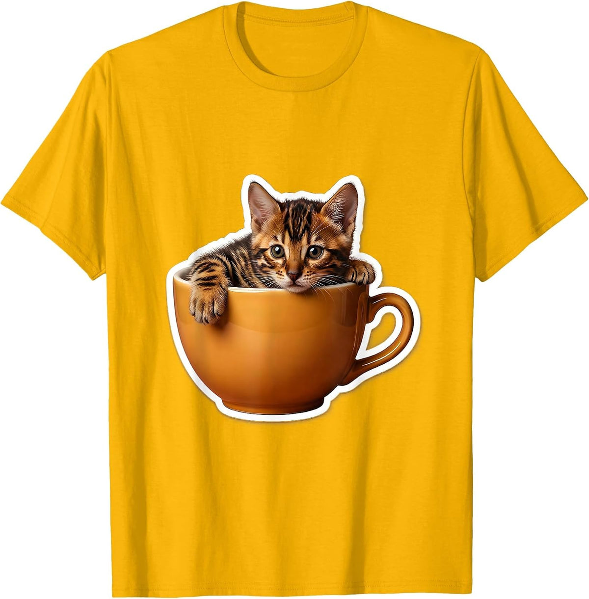 Bengal Cat Kitten in Teacup Cute Wholesome Gift T-Shirt - Golden Yellow