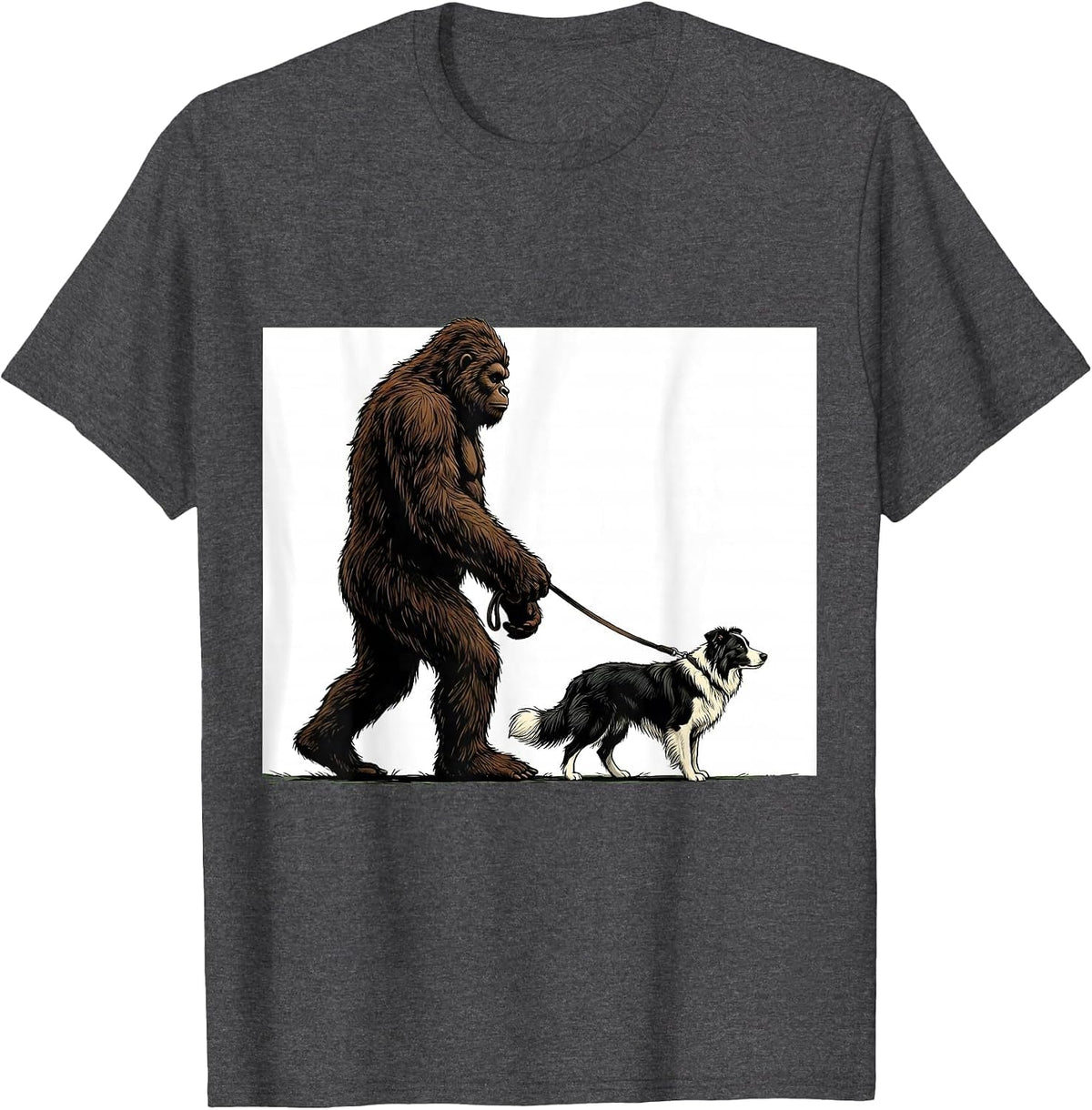 Bigfoot Walking Border Collie Funny Dog Owner Humor T-Shirt, Men, Dark Heather Grey, Medium - As Pictured