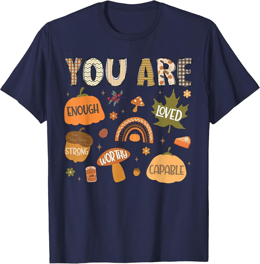 You are Positive Therapy Mental Health Pumpkin Fall Vibes T-Shirt - Navy Blue