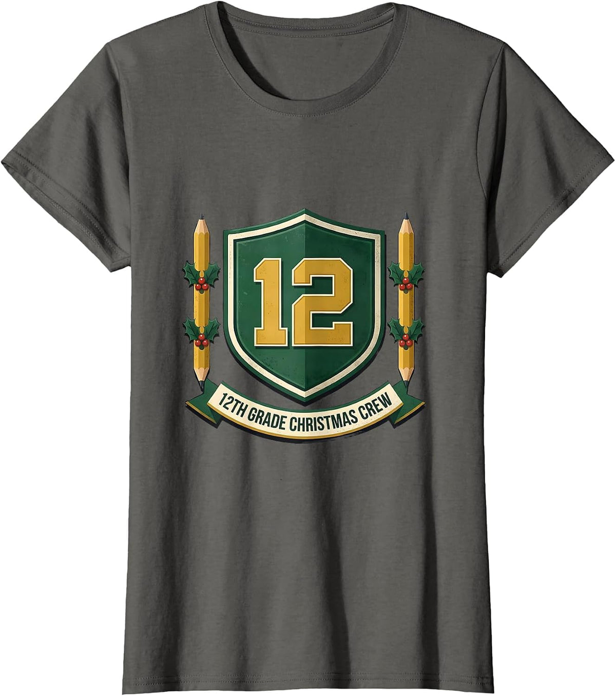Women's 12th Grade Christmas Crew Emblem Teacher Holiday Humor T-Shirt - Asphalt Grey