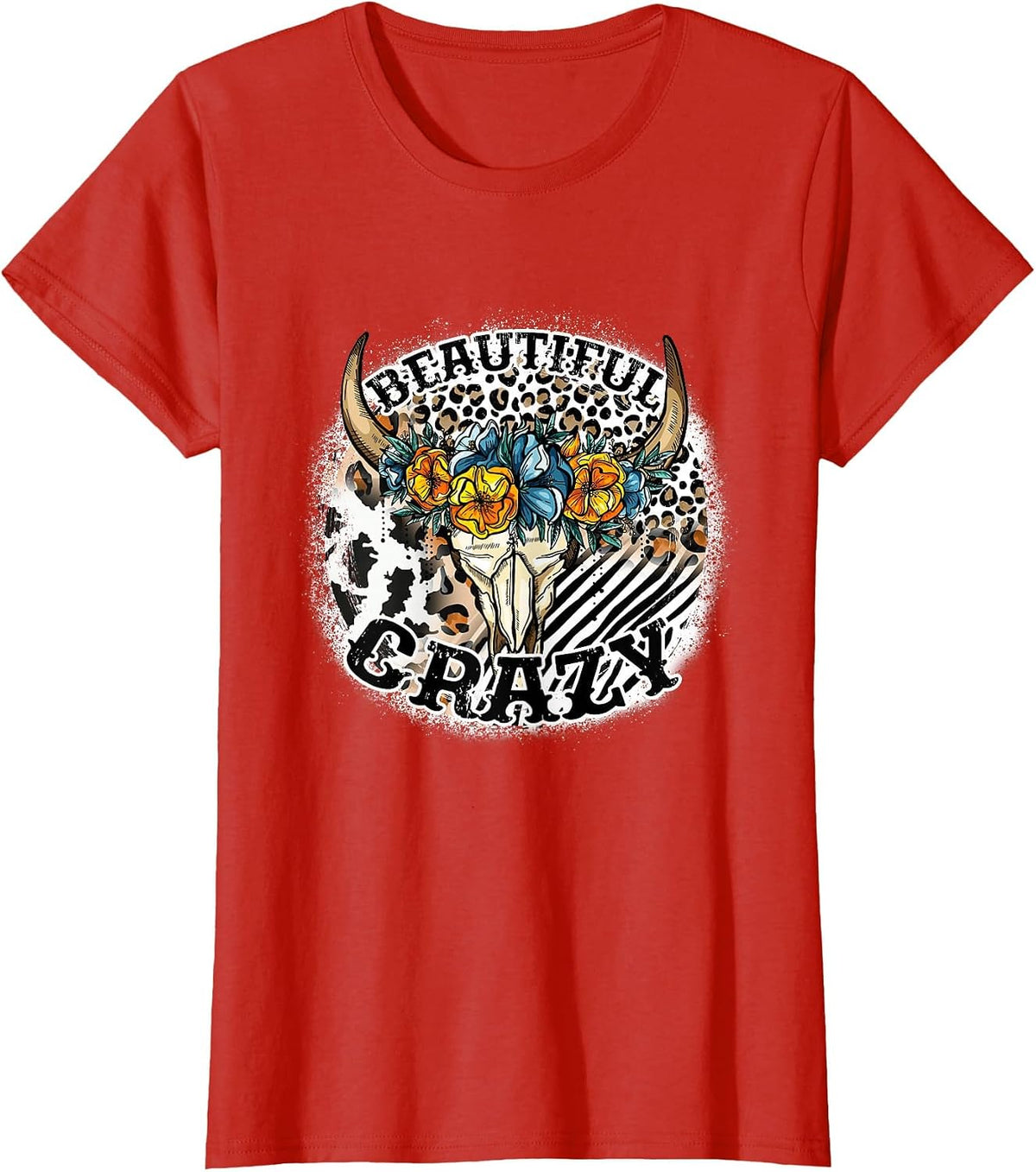 Beautiful Bull Skull Flower Crazy Cow Skull Leopard-Print T-Shirt - Red