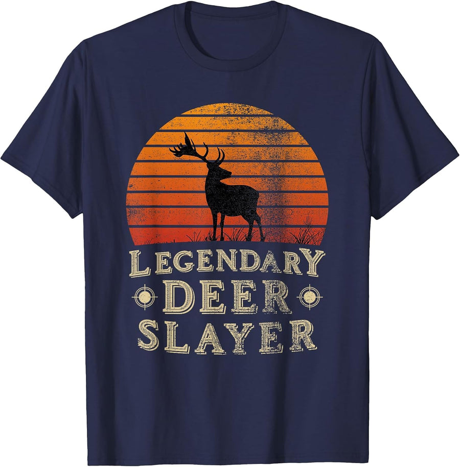 Legendary Deer Slayer Vintage Sunset Deer Hunter T-Shirt - Navy Blue