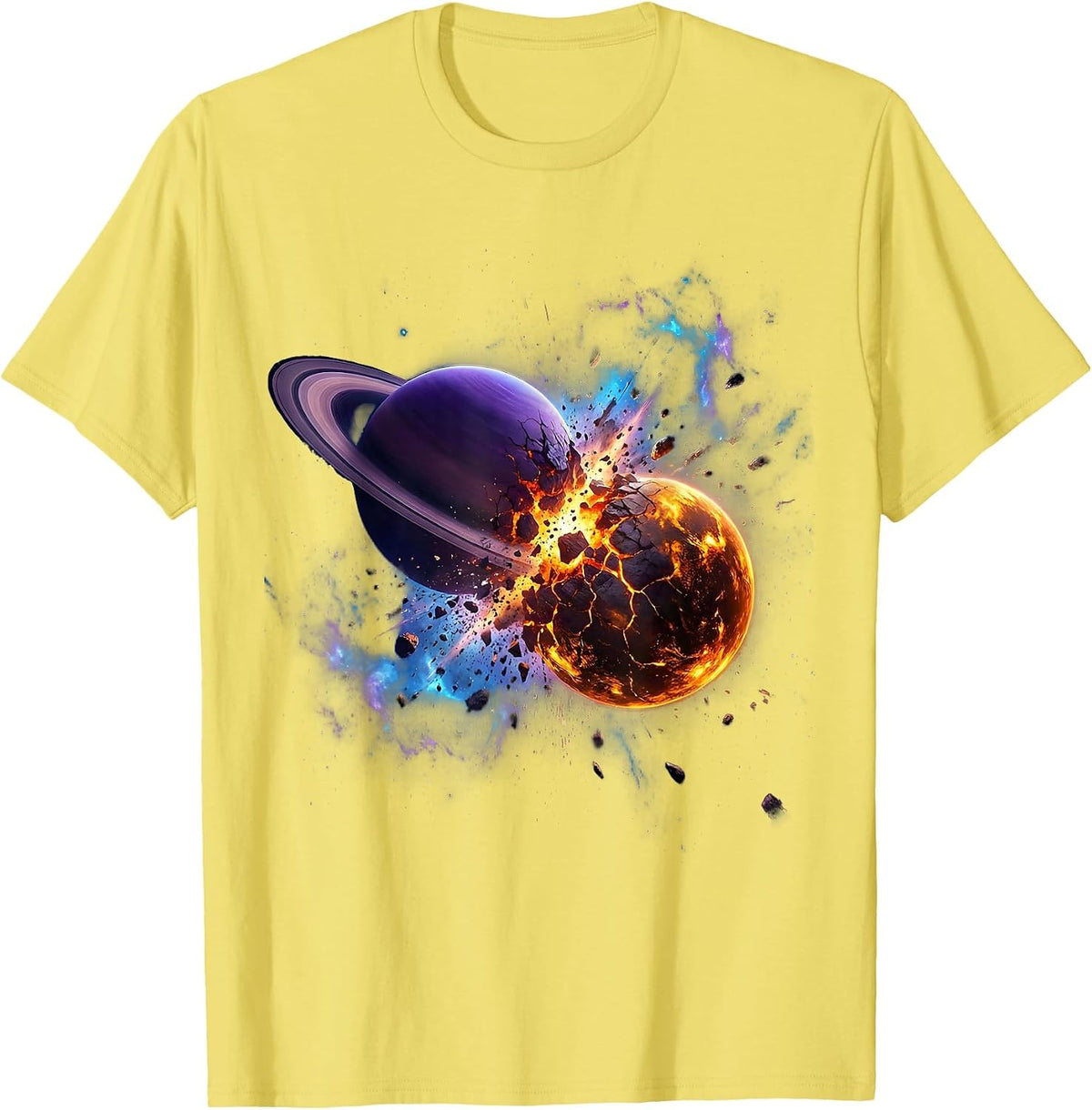 Men's Two Planets Colliding in Deep Space Illustration T-Shirt - Lemon Yellow