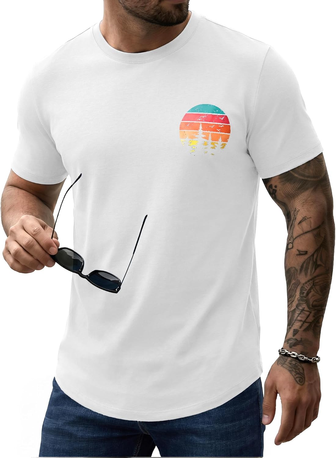Comdecevis Men's Graphic T-Shirts Curved Hem Casual Vintage Summer Tees - White