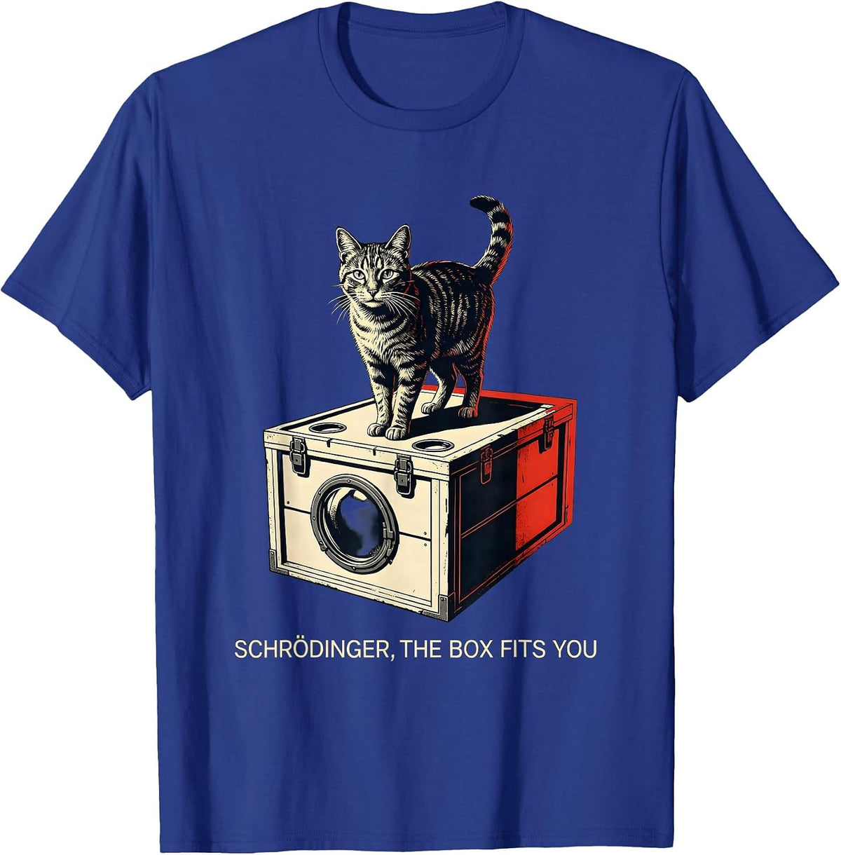 Schrödinger, The Box Fits You Funny Quantum Physics Cat T-Shirt - Royal Blue
