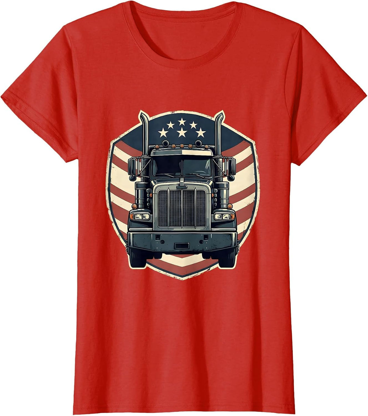 Women's Semi Truck Crest American Flag Patriotic Driver T-Shirt - Red