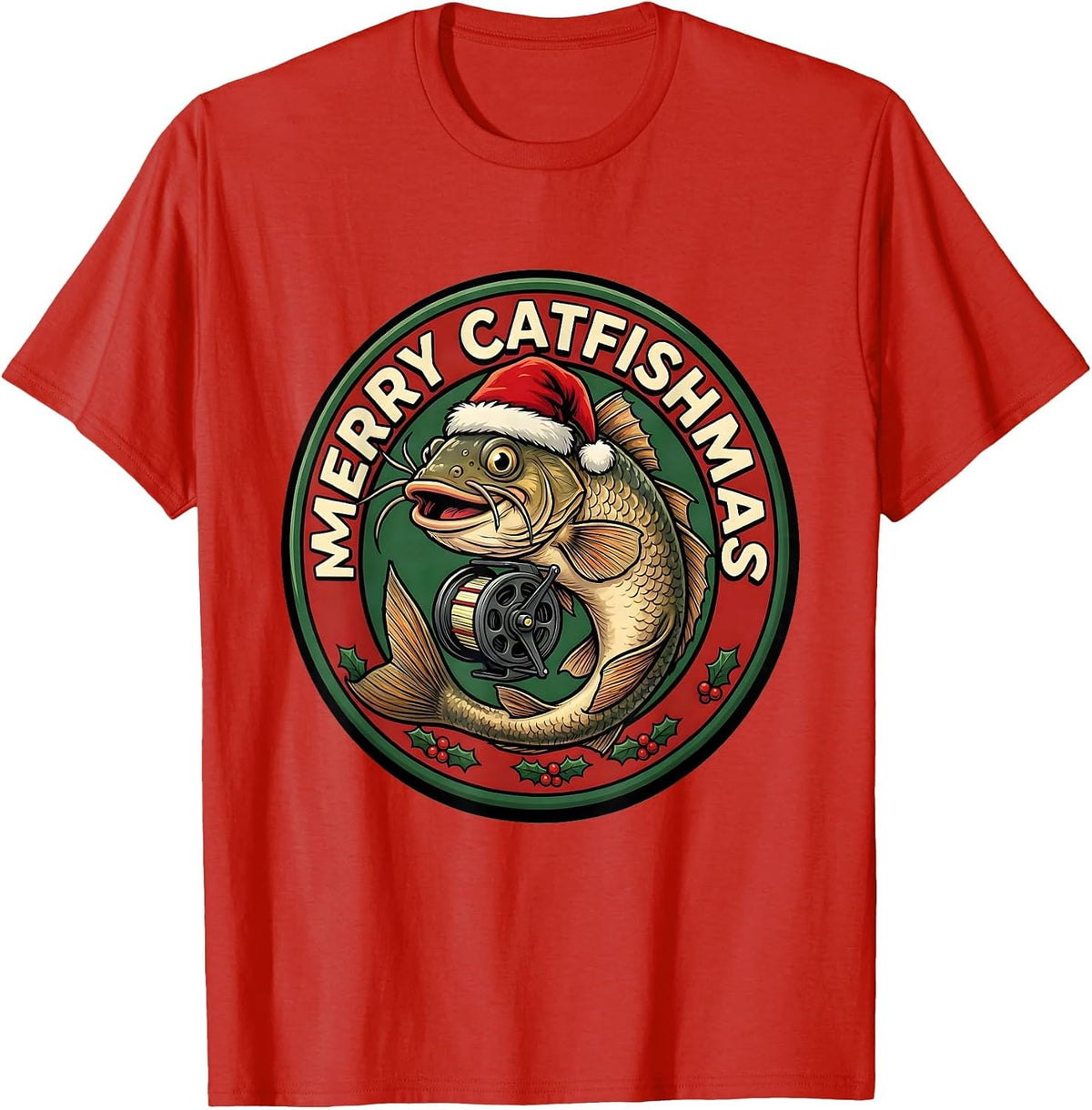 Men's Merry Catfishmas Funny Fishing Christmas Ugly Sweater Dad T-Shirt - Red
