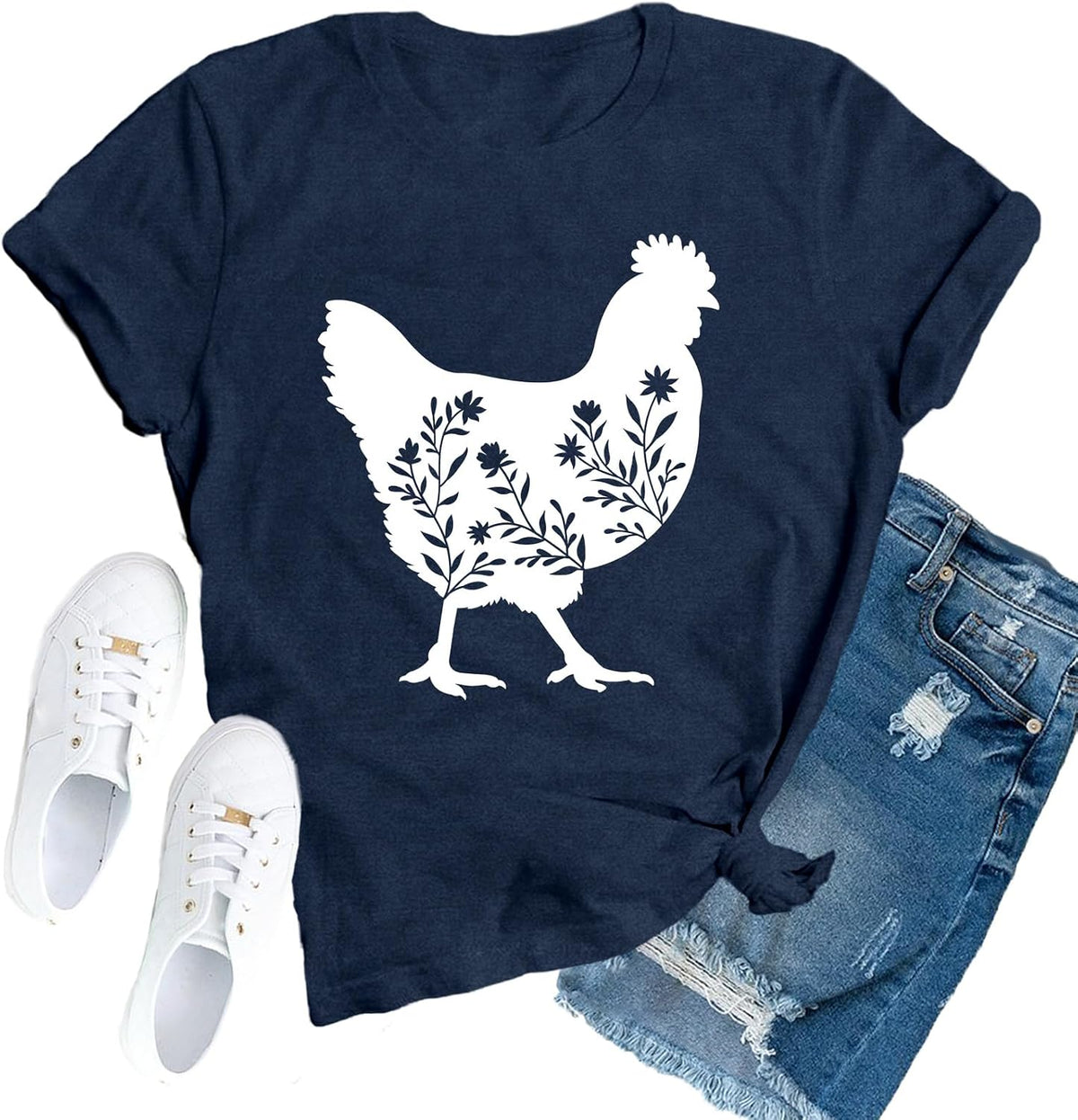 Chicken Shirt for Women Chicken Mom T-Shirt Chick Floral Top - Blue1