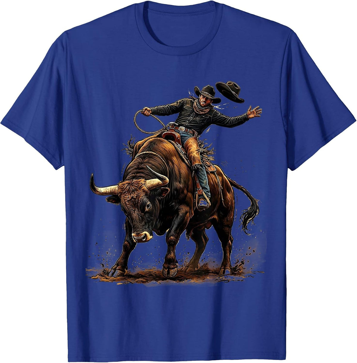 Black Cowboy Bull Riding Graphic Tee T-Shirt - Royal Blue