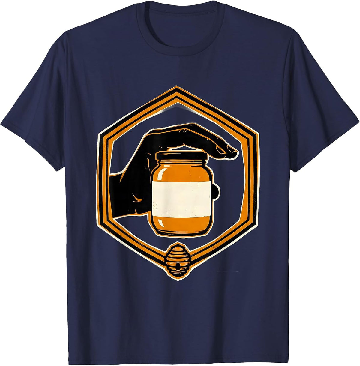 Men's Honey Jar Badge Screenprint Poster Beekeeper Market Stall T-Shirt - Navy Blue