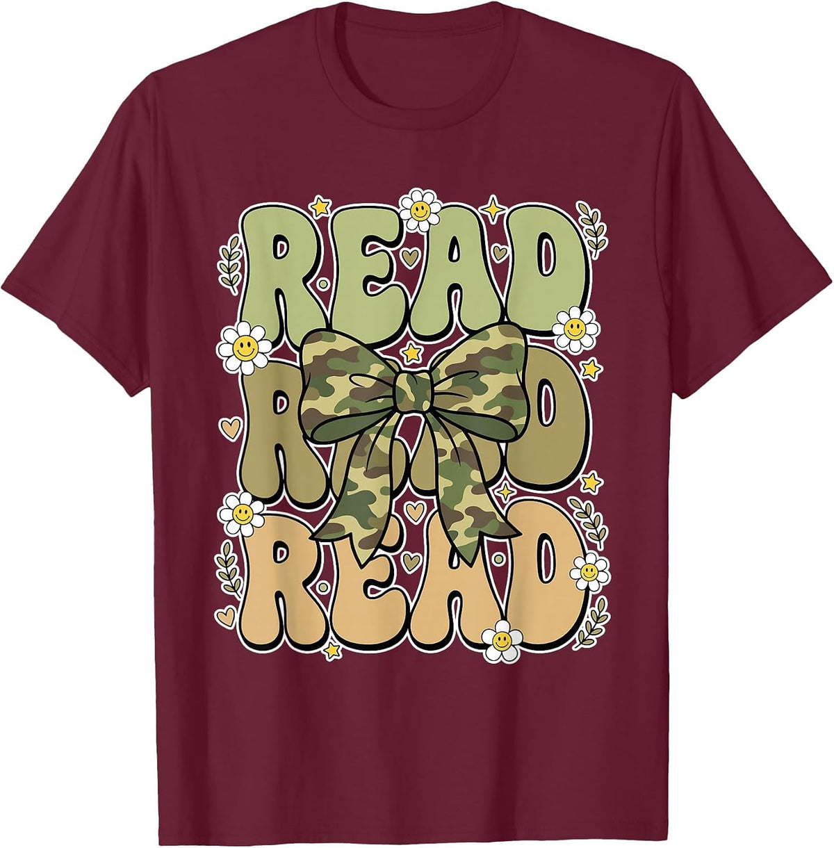 Read Camo Bow Groovy Teacher Librarian Book Lover T-Shirt - Burgundy