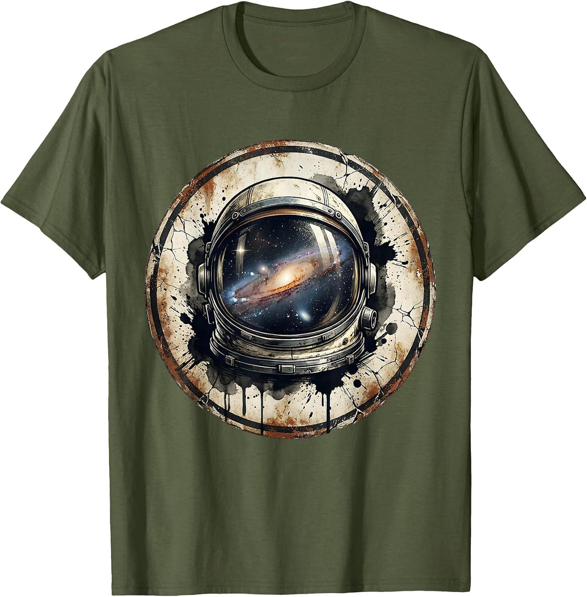 Retro Space Helmet Galaxy Reflection Design T-Shirt - Olive Green