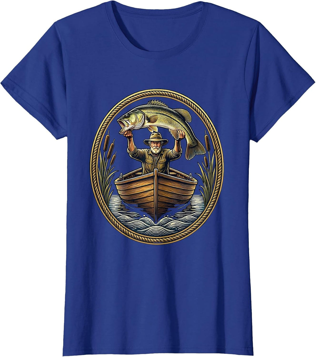 Women's Grandpa Trophy Bass Fishing Illustration T-Shirt - Royal Blue
