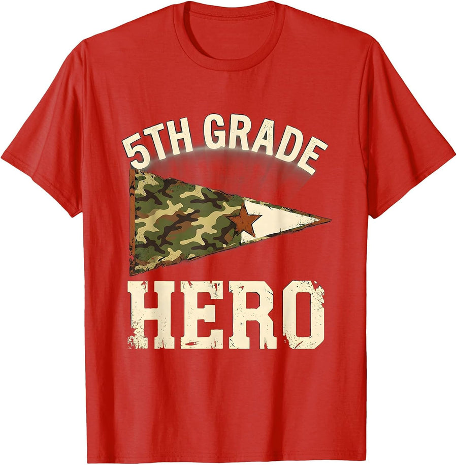 Men's 5th Grade Hero Distressed Camo Back To School Boy Teacher T-Shirt - Red