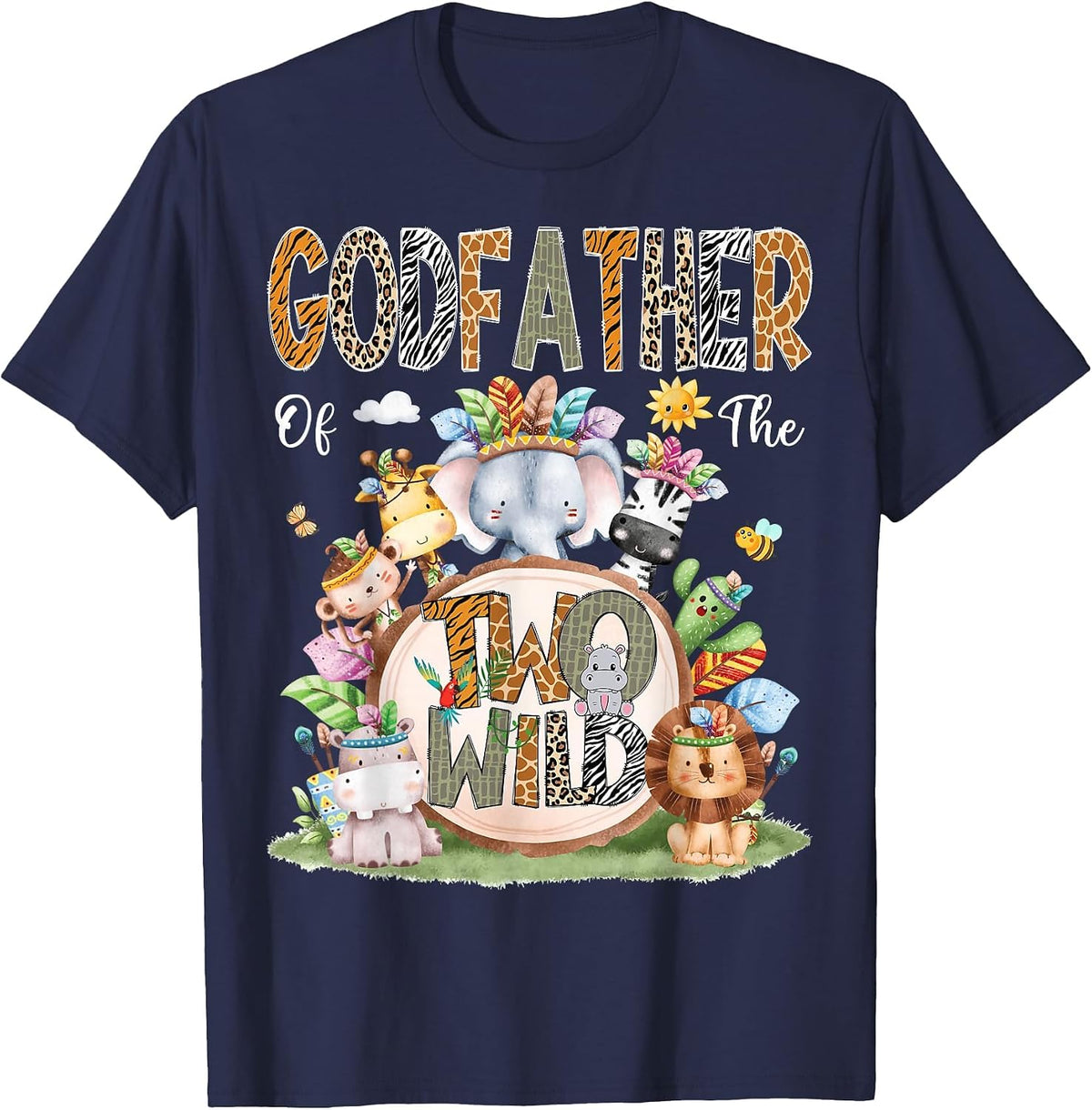 Godfather of The Two Wild 2Nd Birthday Animal Safari Tribal T-Shirt - Navy Blue