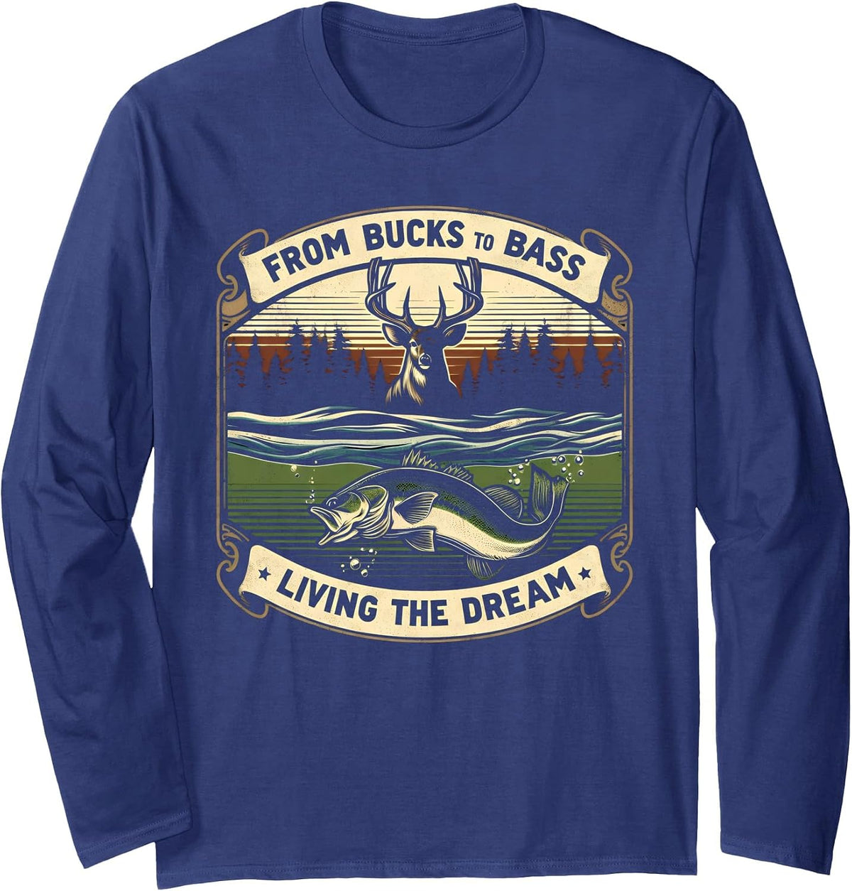 Vintage Buck Hunting Bass Fish Fishing Fisherman Deer Hunter Long Sleeve T-Shirt - Adult Unisex Navy Blue