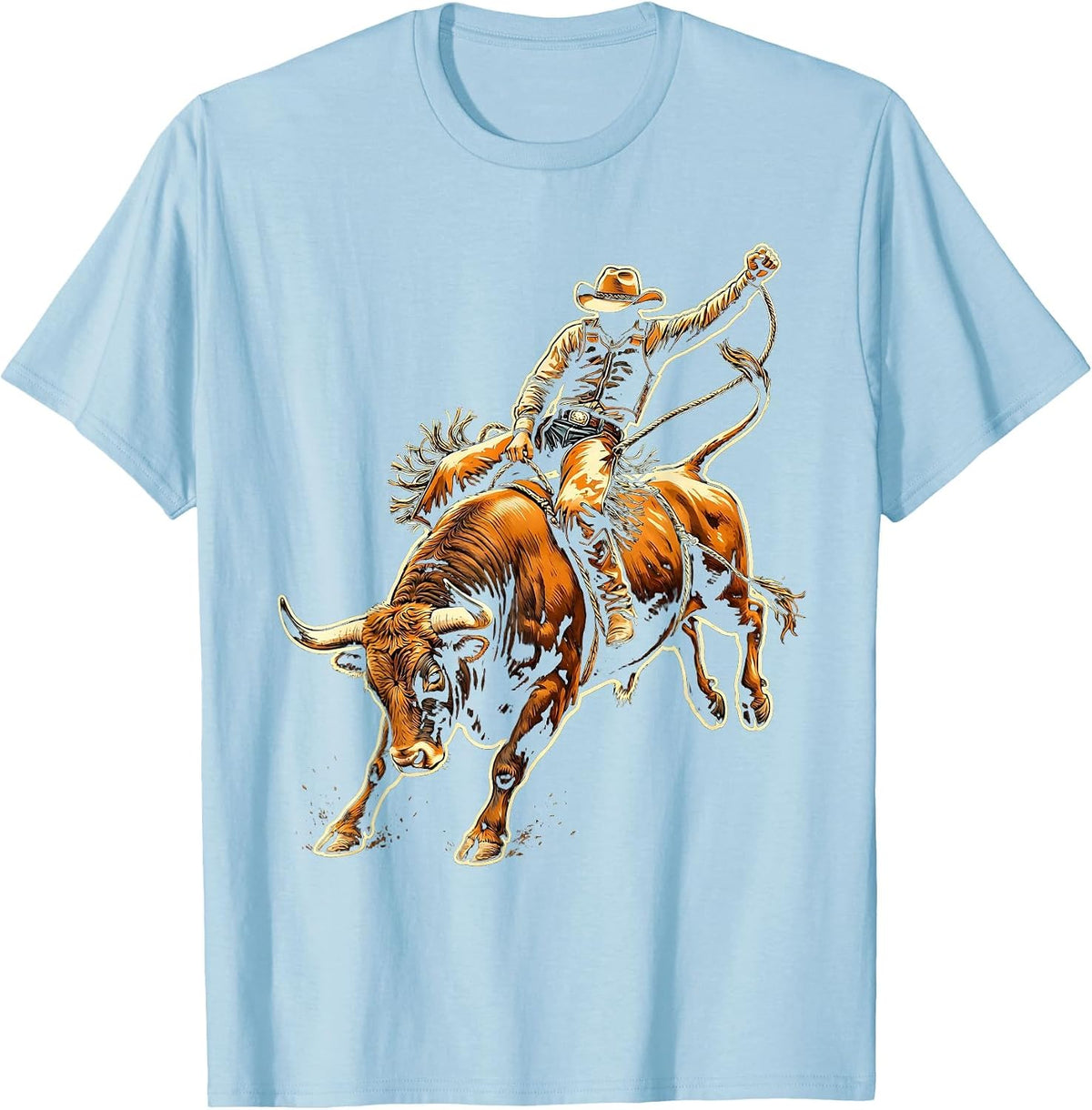 Men's Bull Rider Gripping Rope Mid-Buck Cowboy T-Shirt - Baby Blue