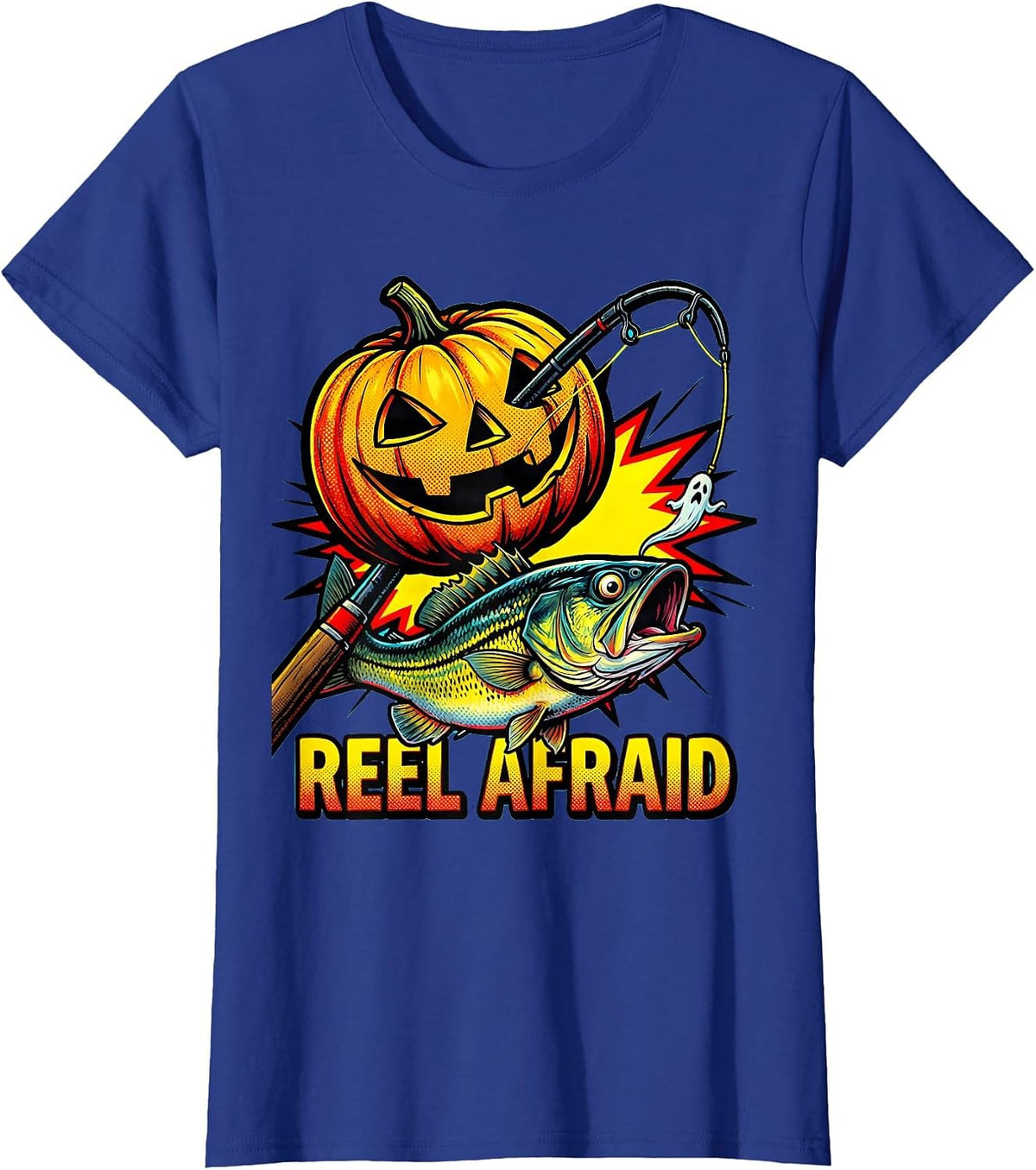 Women's Reel Afraid Pop Art Halloween Fishing Spooky Season T-Shirt - Royal Blue
