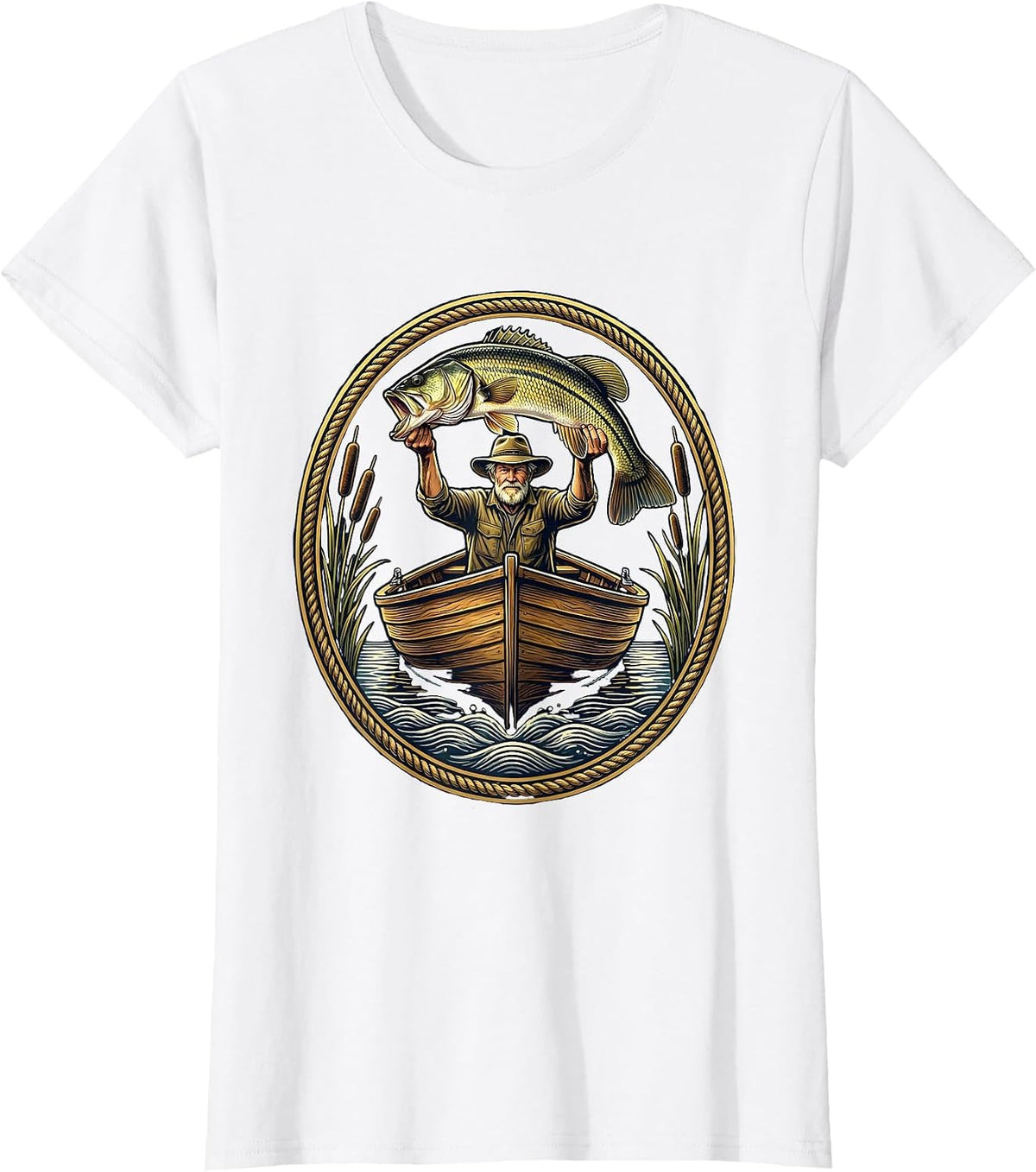 Women's Grandpa Trophy Bass Fishing Illustration T-Shirt - White