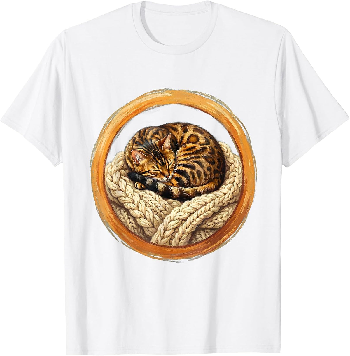 Men's Bengal Cat Cozy Knit Blanket Wholesome Illustration T-Shirt - White