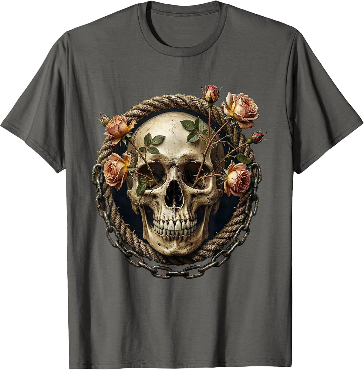 Skull and Wild Roses Through Eye Graphic T-Shirt - Asphalt Grey