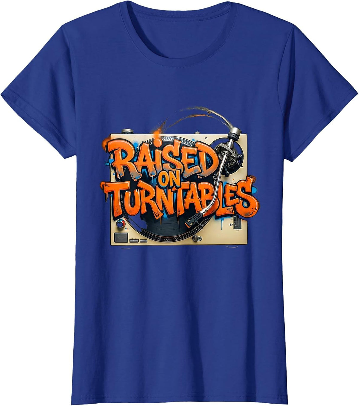 Women's Raised On Turntables Graffiti 90s Hip-Hop Rap Lyric T-Shirt - Royal Blue
