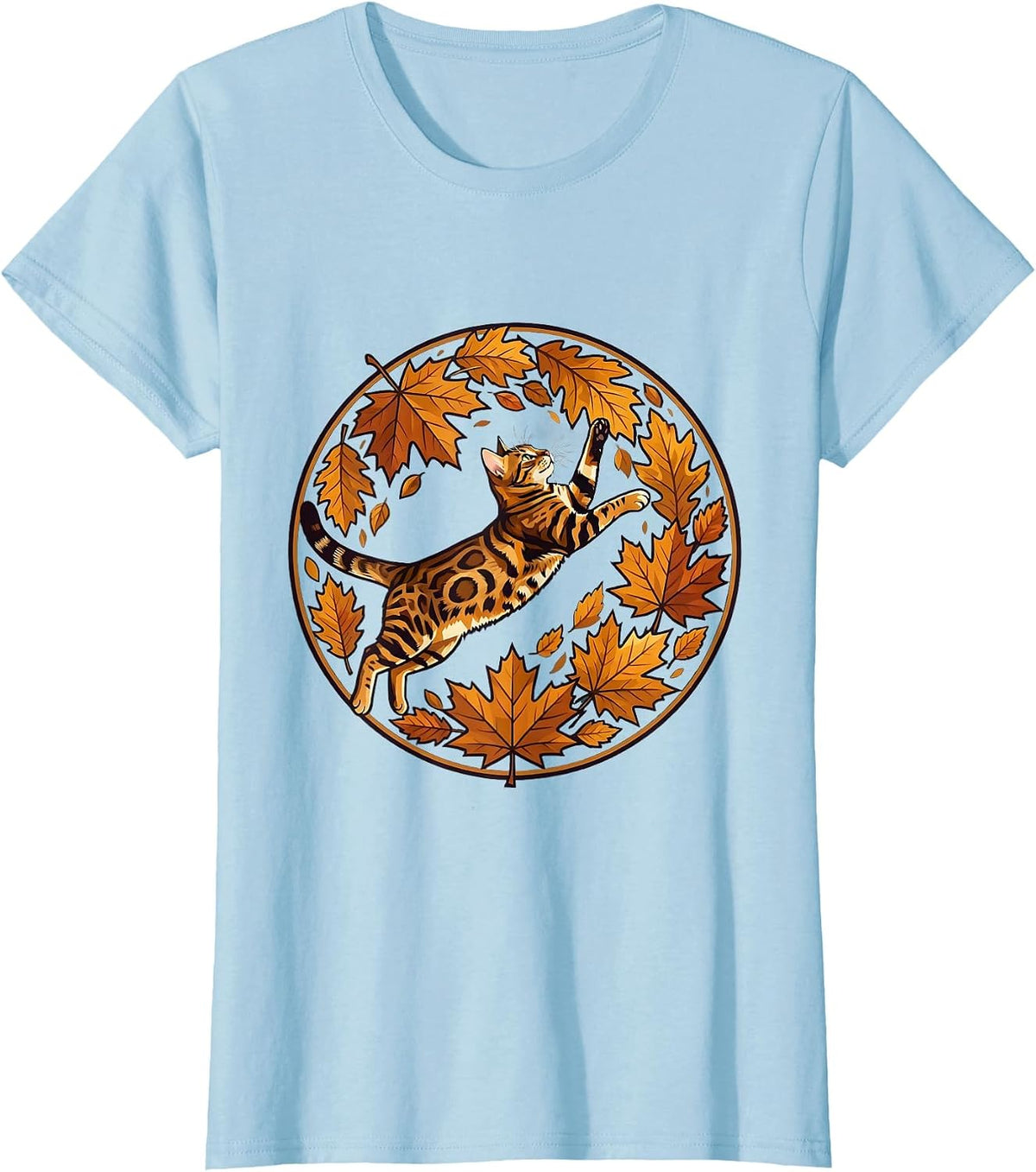 Women's Bengal Cat Chasing Autumn Leaves Fall Design T-Shirt - Baby Blue