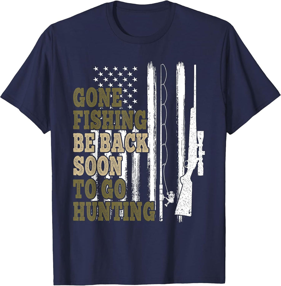 Gone Fishin' Be Back Soon to Go Huntin' Deer Hunting Fishing T-Shirt - Navy Blue