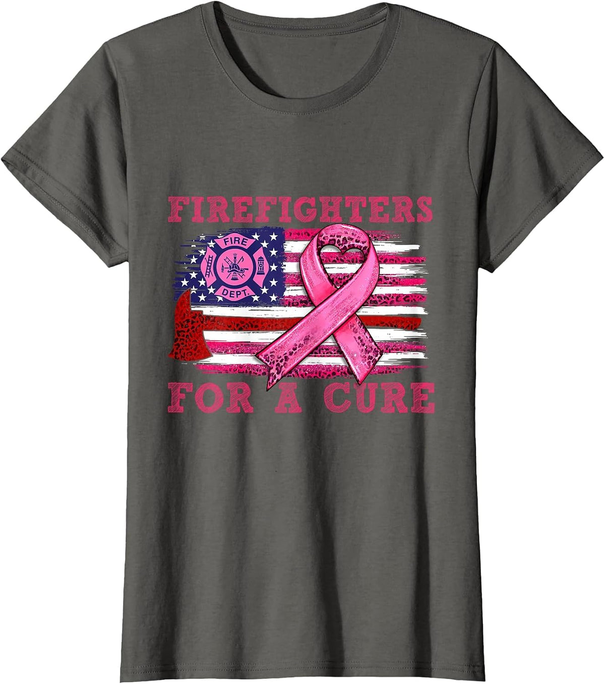Breast Cancer Awareness Firefighter for a Cure American Flag T-Shirt - Asphalt Grey