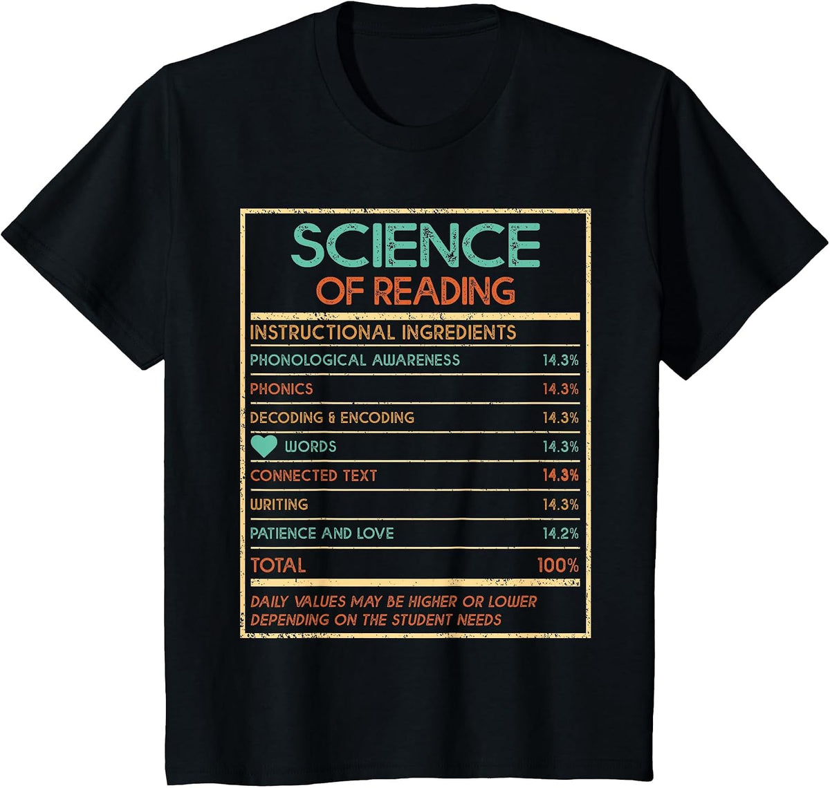 Reading Teacher Funny Science of Reading Nutrition Facts T-Shirt - Black