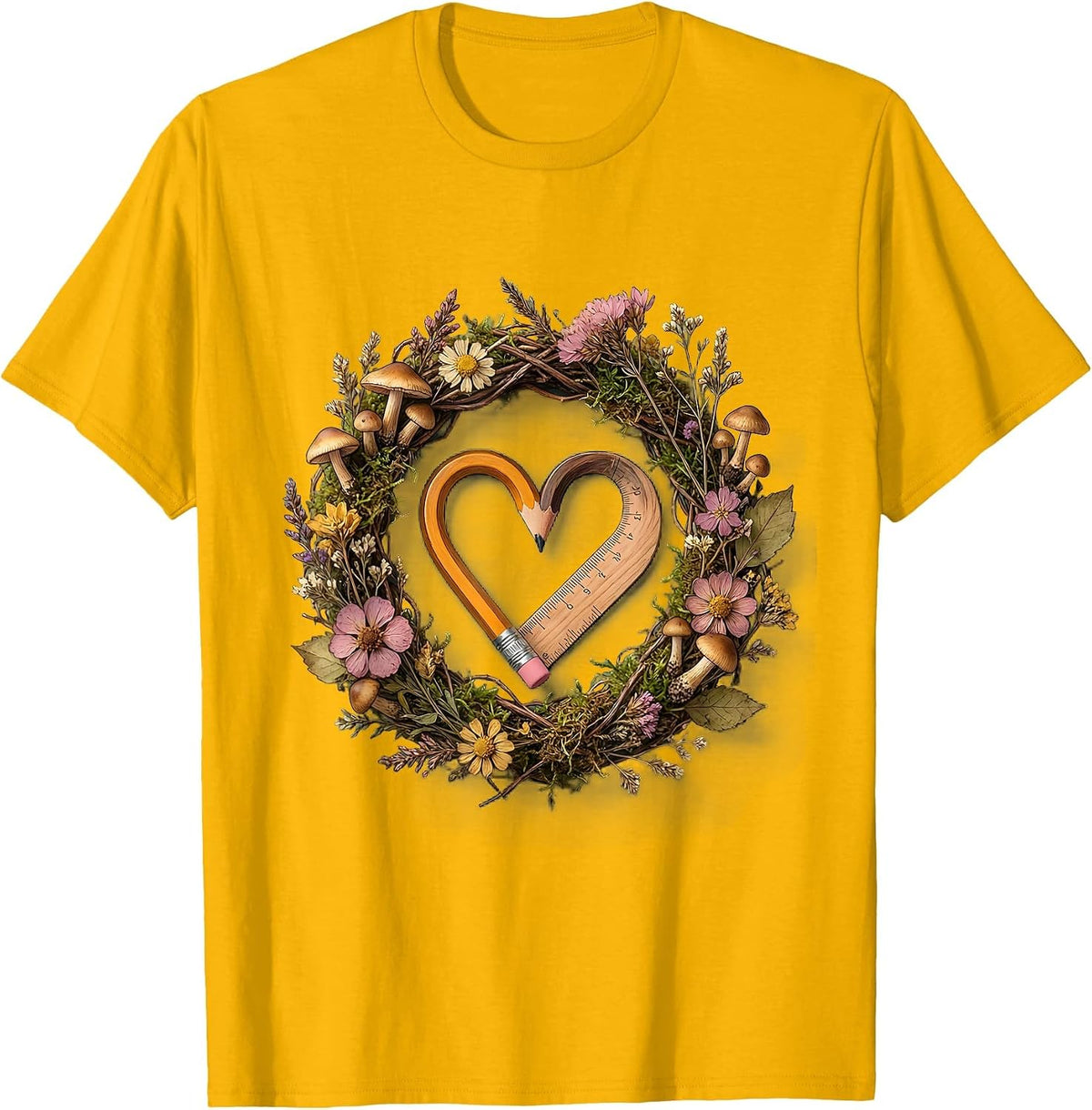 Elementary Teacher Ruler Pencil Heart Graphic T-Shirt - Golden Yellow