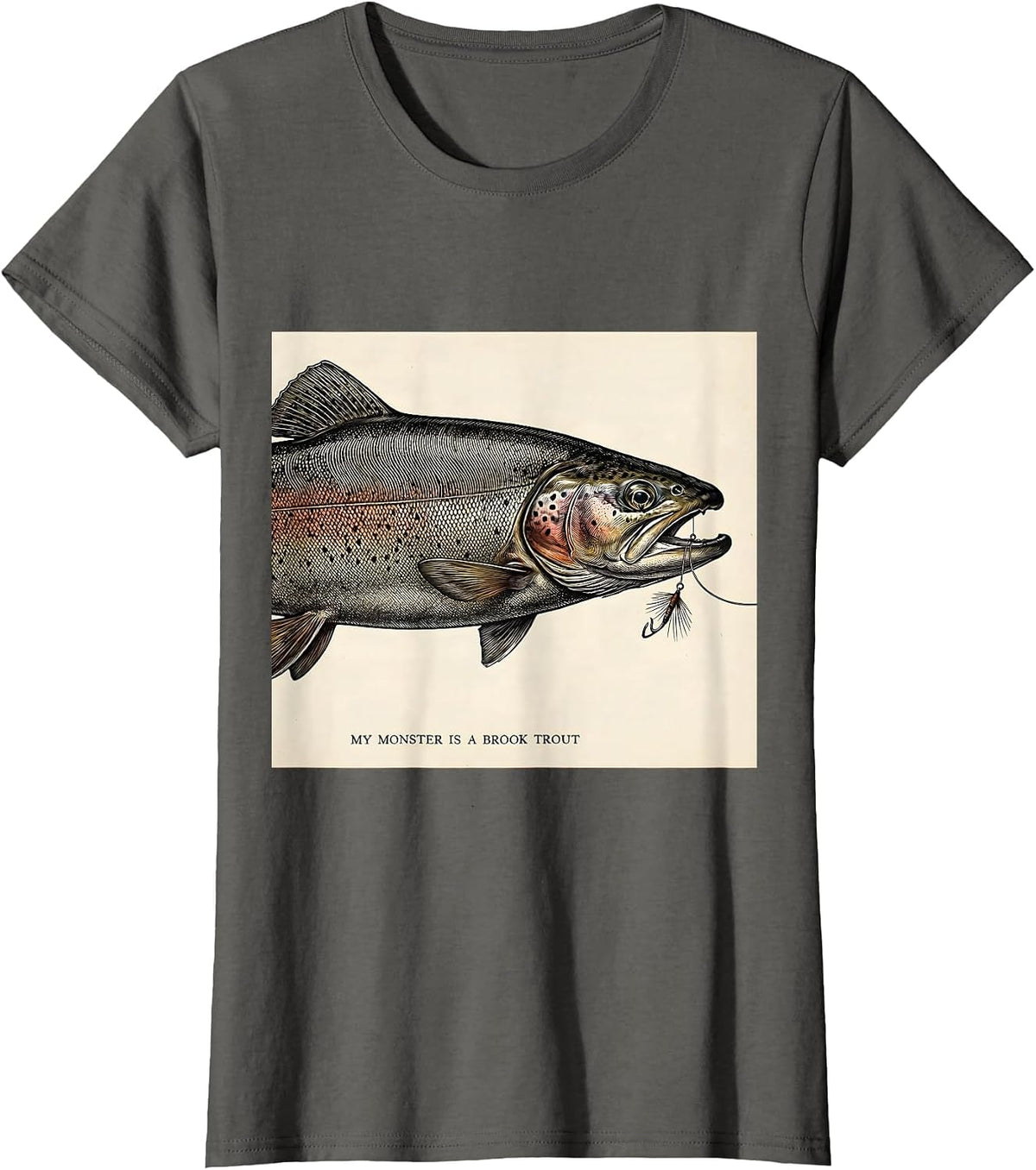 Women's My Monster Is A Brook Trout Spooky Halloween Fishing Humor T-Shirt - Asphalt Grey