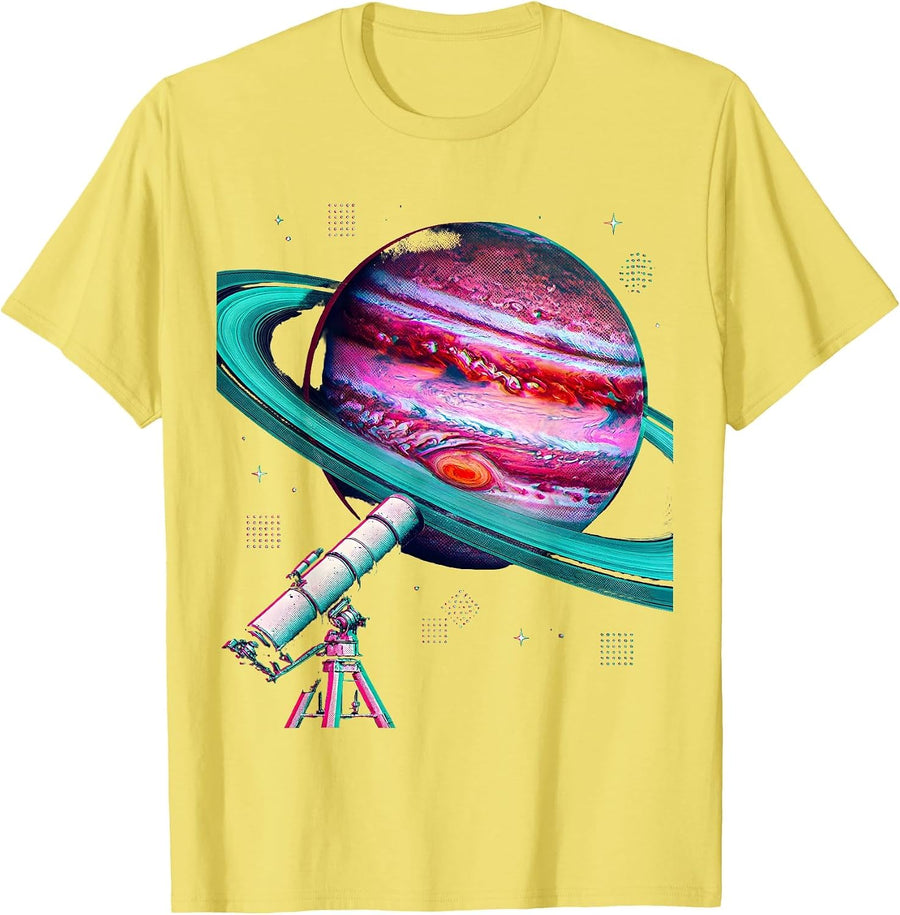 Men's Telescope Galaxy Ringed Gas Giant Space Art T-Shirt - Lemon Yellow