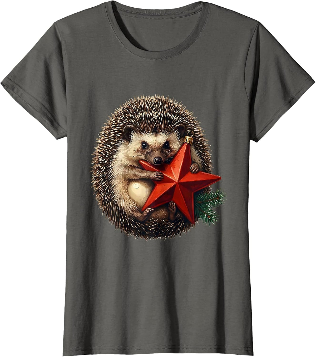 Women's Rounded Hedgehog Hugging Star Cute Christmas Animal Lover T-Shirt - Asphalt Grey