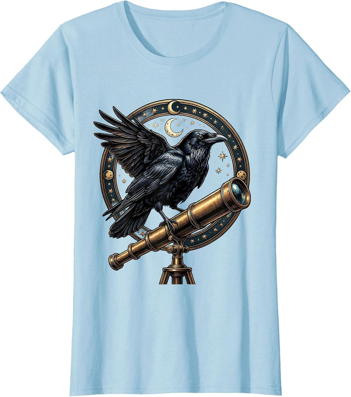 Women's Crow Perched on Telescope Astronomy Illustration T-Shirt - Baby Blue