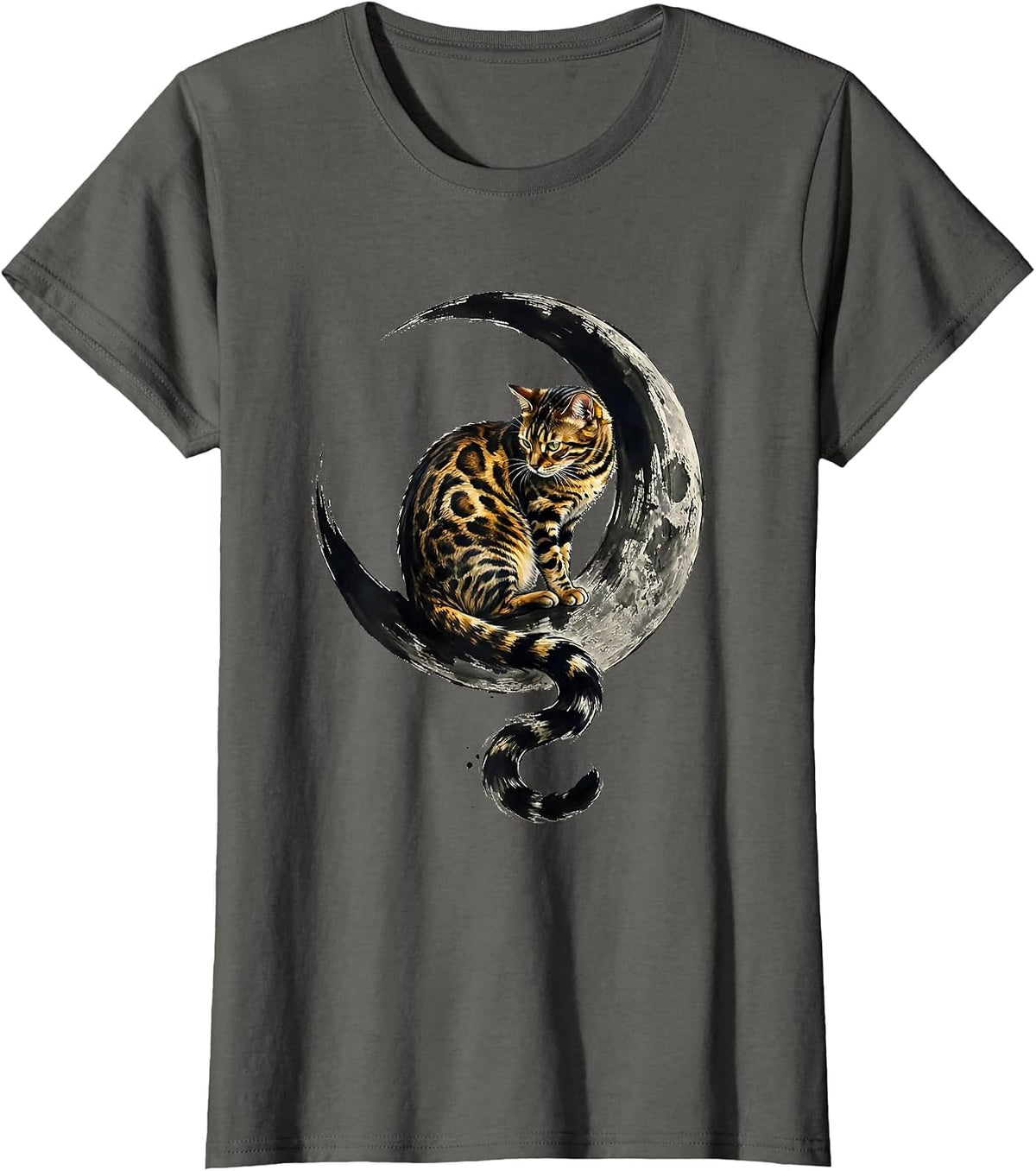 Women's Bengal Cat on Crescent Moon Lover Gift T-Shirt - Asphalt Grey