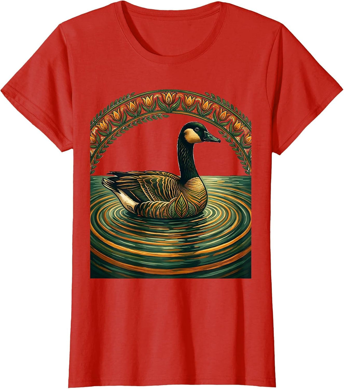 Goose Silhouette Misty Lake at Dawn Graphic T-Shirt - Red