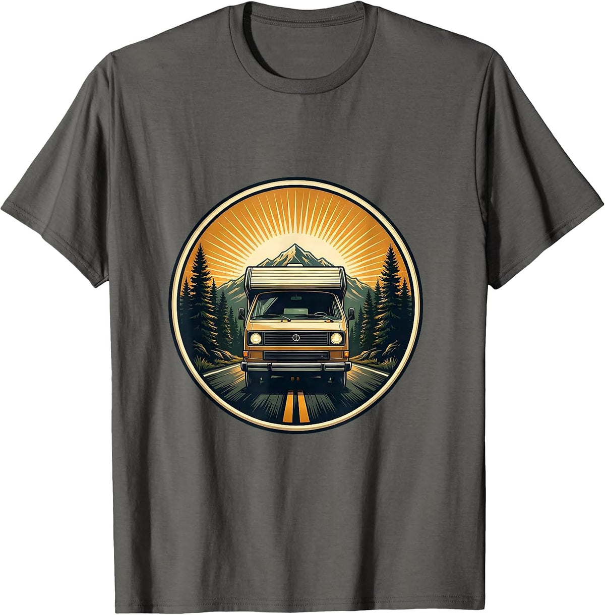 Vintage Camper Van Forest Road Adventure Graphic T-Shirt - Asphalt Grey