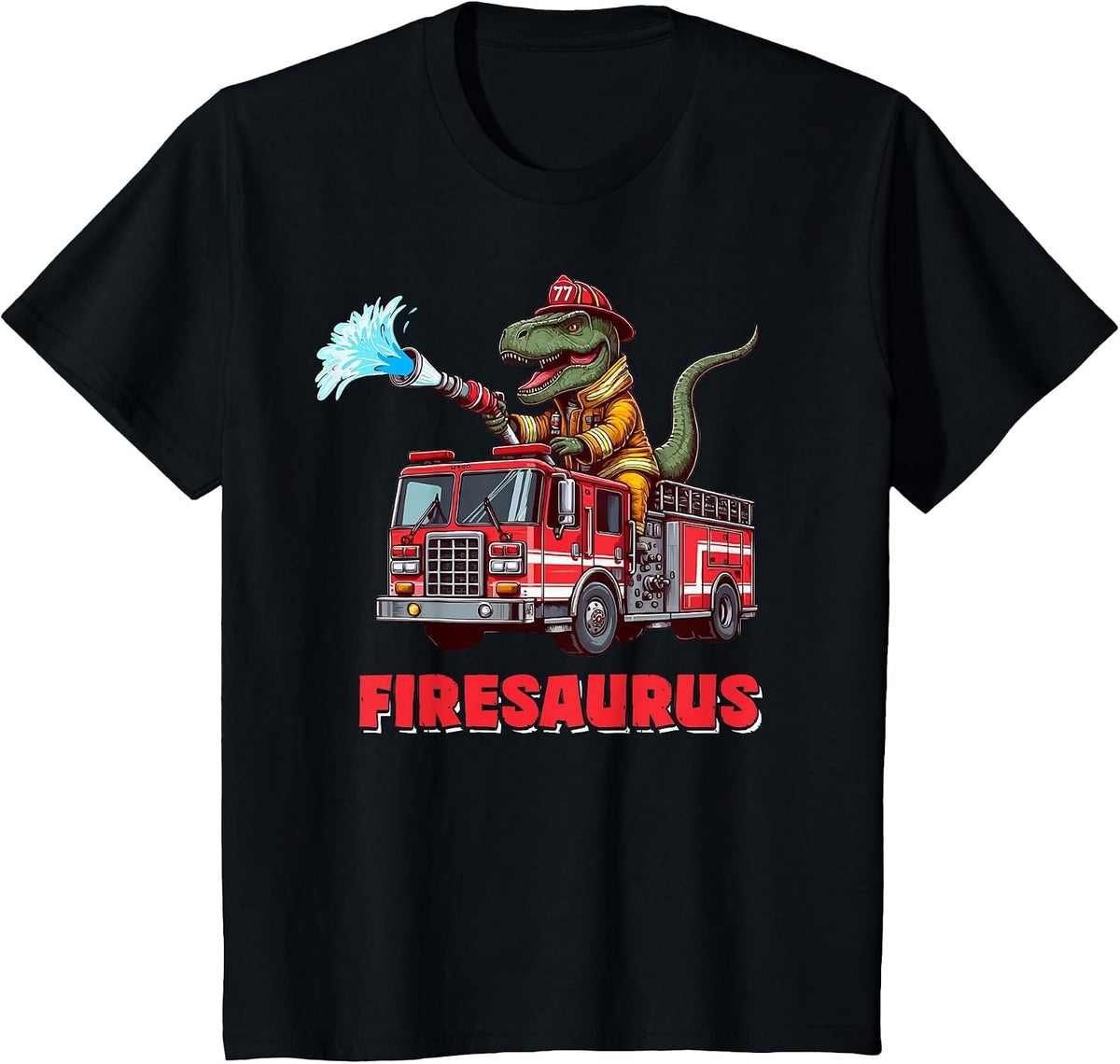 Firesaurus Firefighter Fire Truck T-Rex Dinosaur Lover Kids T-Shirt - Black